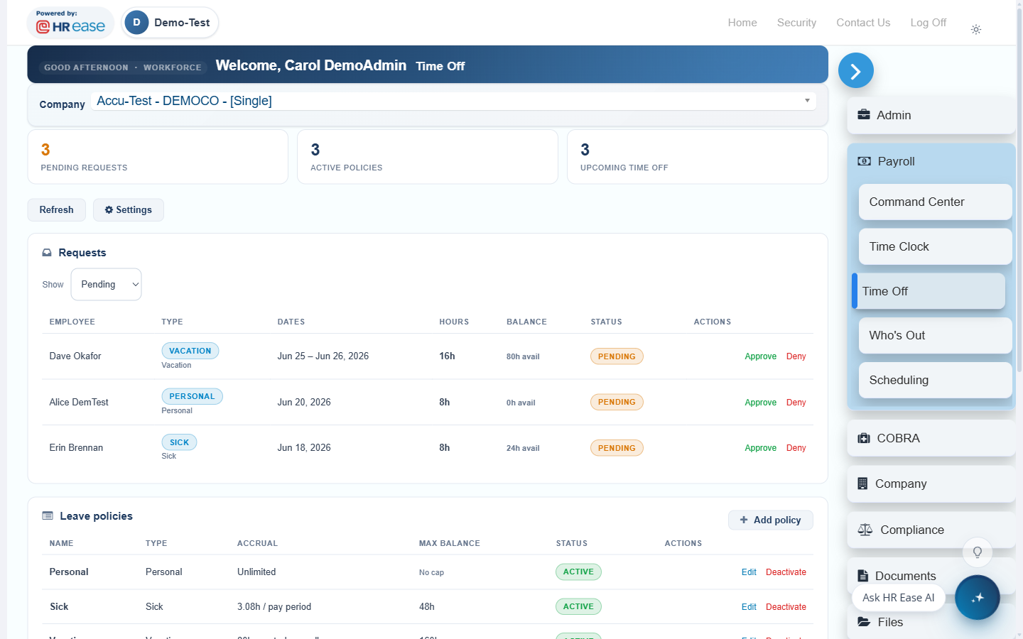 HR ease AI Assistant answering an admin question